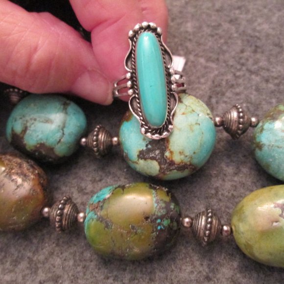 Native American 925 Sterling & Turquoise Elongated Oval Ring, Turquoise Ring - Picture 2 of 13